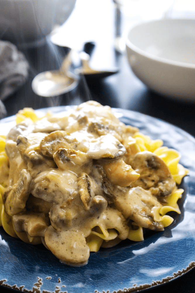 Chicken and Mushroom Casserole on a blue plate