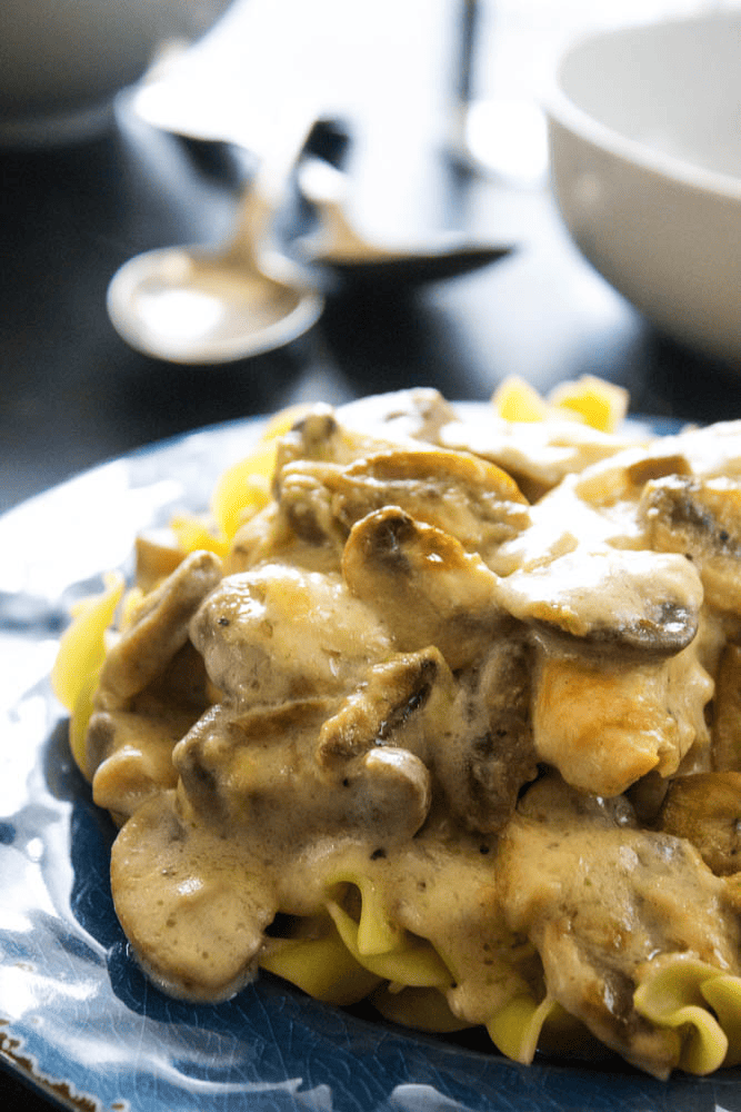 Chicken and Mushroom Casserole served on a blue plate