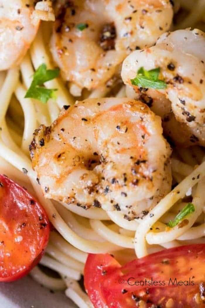 Closeup of Garlic Shrimp Pasta