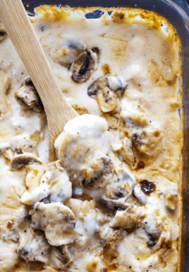 CREAMY CHICKEN AND MUSHROOM CASSEROLE - This easy weeknight dinner is saucy, creamy and full of chicken and mushrooms, a meal the entire family will love.