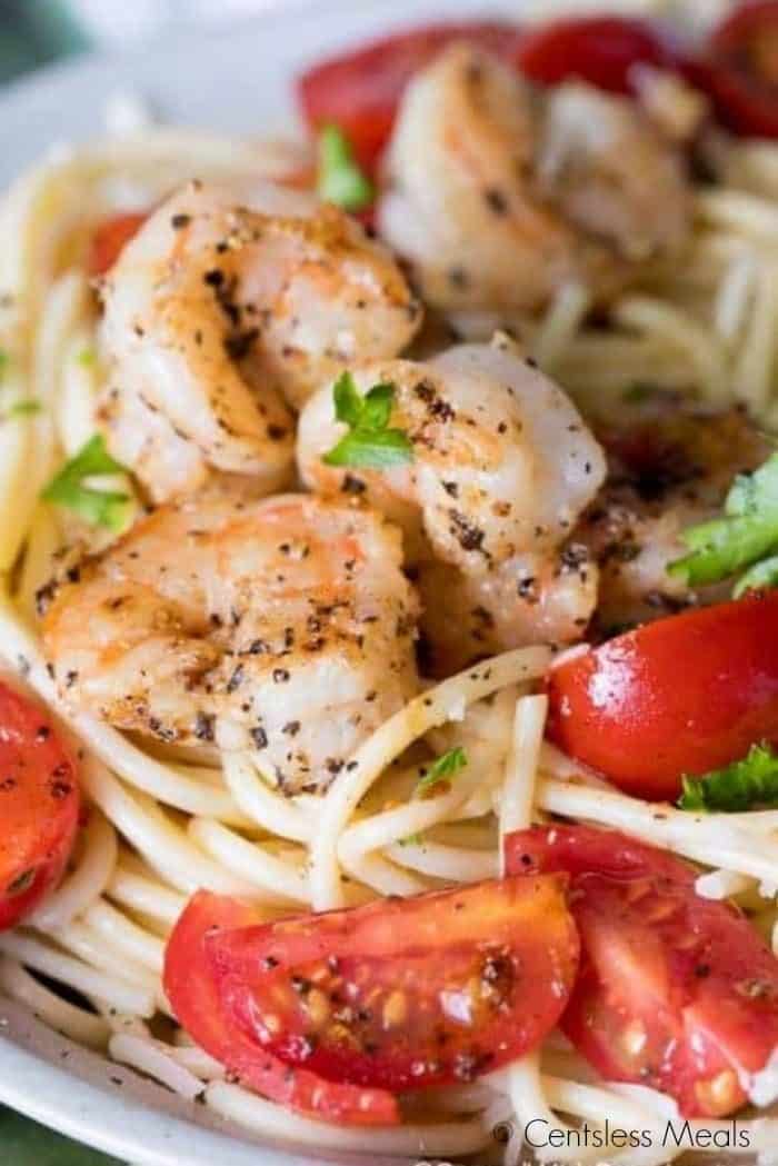 Garlic Shrimp Pasta on a white plate