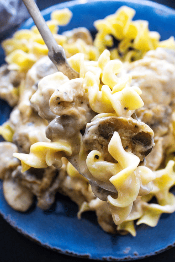 Closeup of Chicken and Mushroom Casserole on a spoon