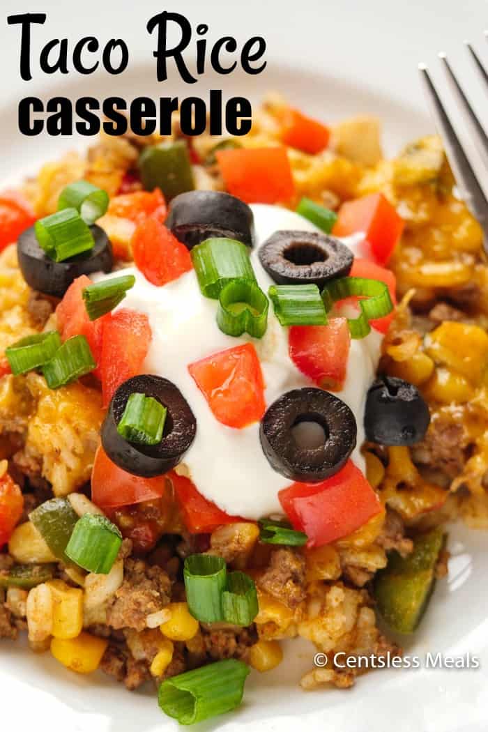 Taco Casserole on a plate with a title