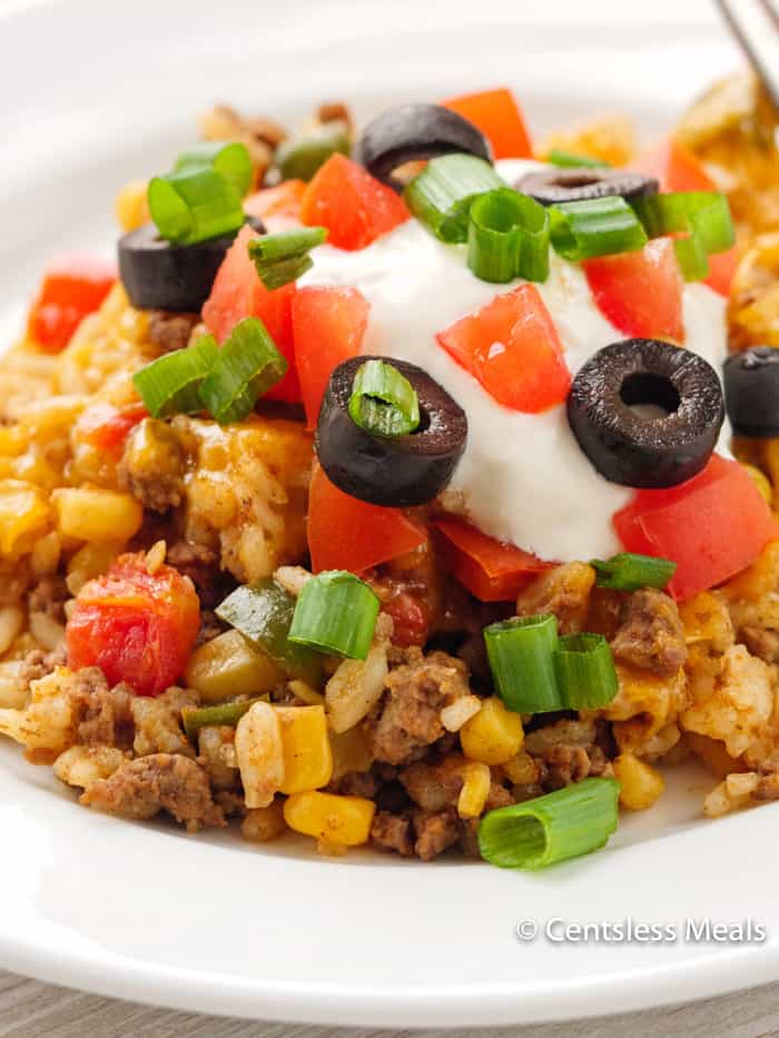 Taco Casserole served on a white plate