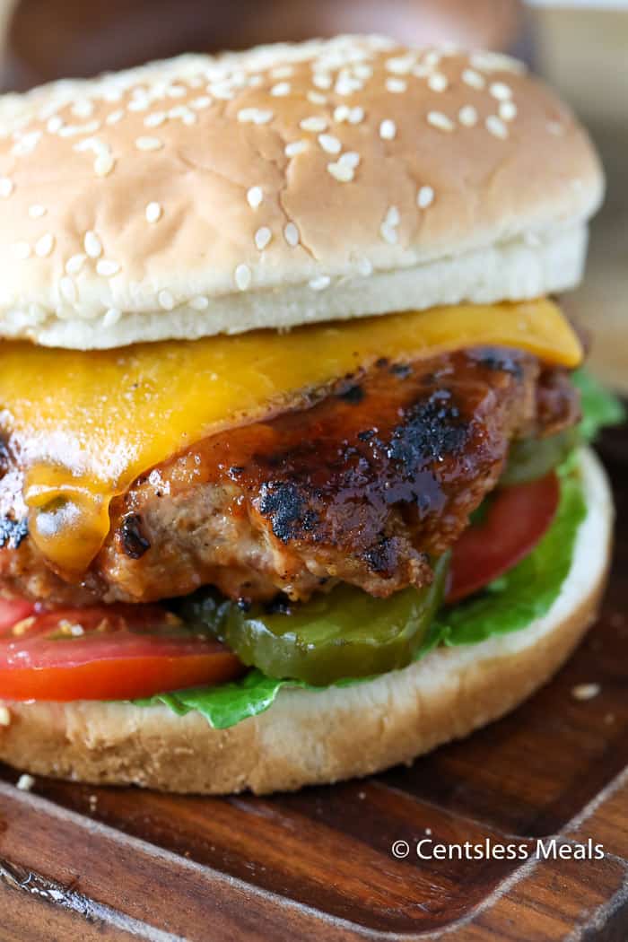 Turkey burger on a wooden board