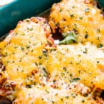 Salsa Chicken Bake in a teal baking dish