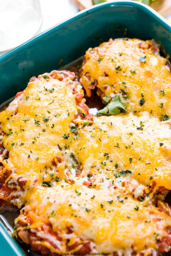 Salsa Chicken Bake in a teal baking dish