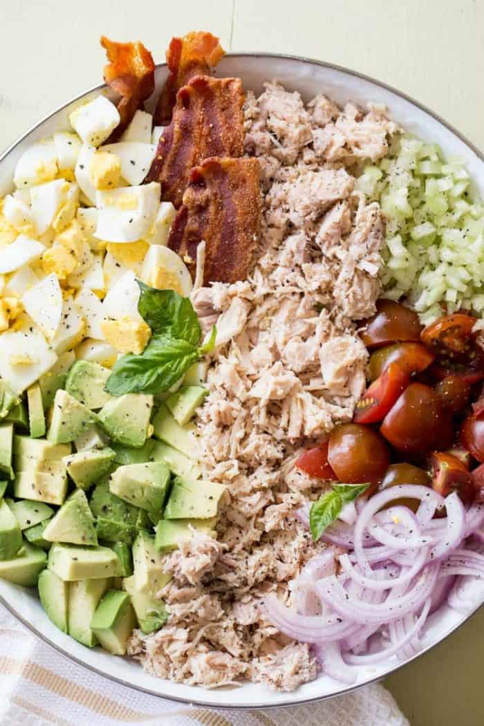 Chicken avocado egg bacon salad ingredients in a bowl