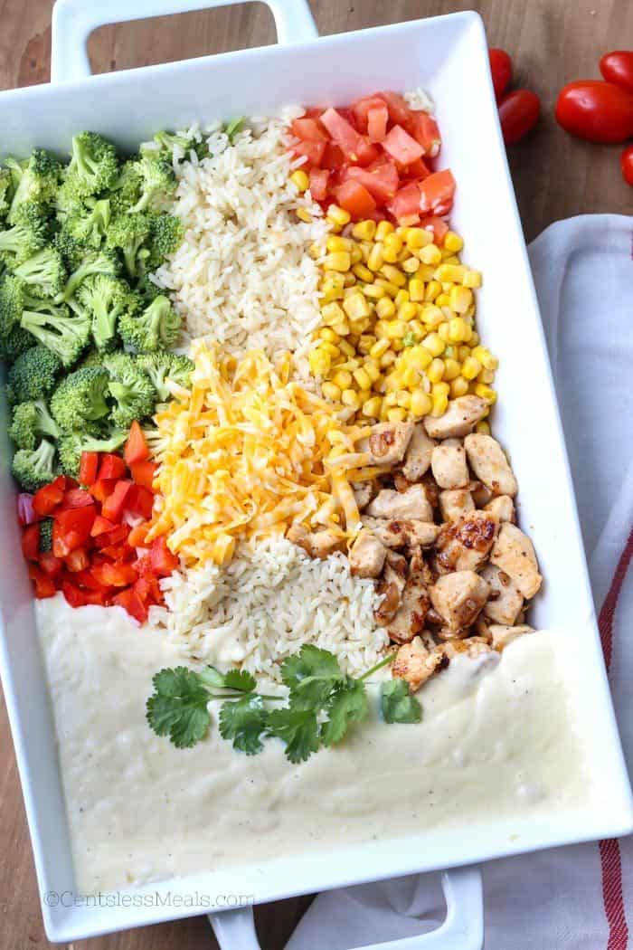 Ingredients for chicken broccoli rice casserole in a white casserole dish