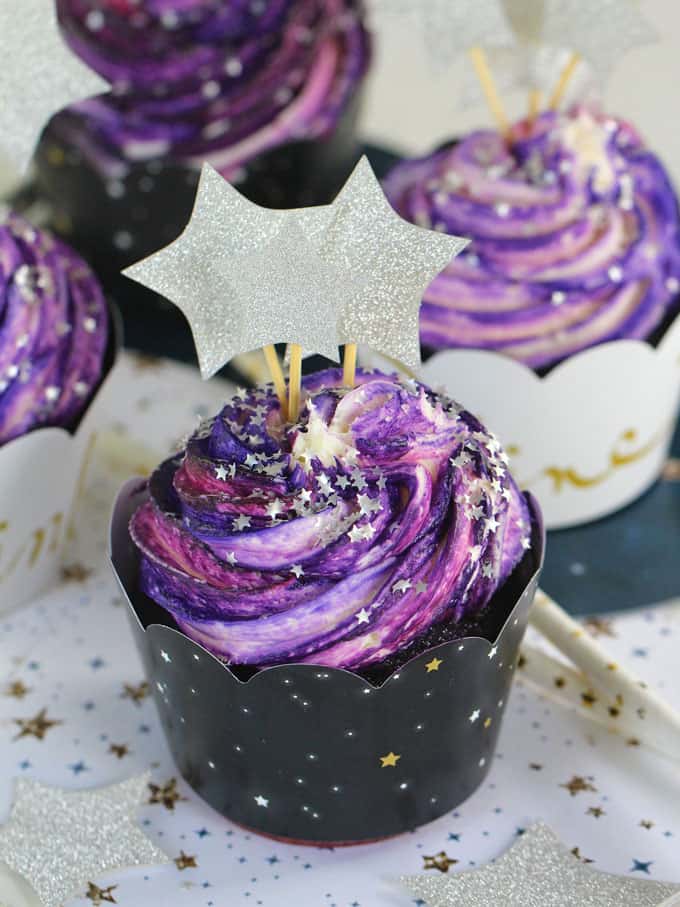 Galaxy Cupcakes with sprinkles and decorations