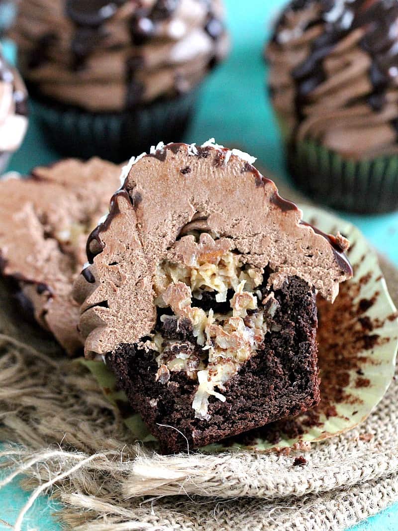 German Chocolate Cupcake cut in half to show what's inside