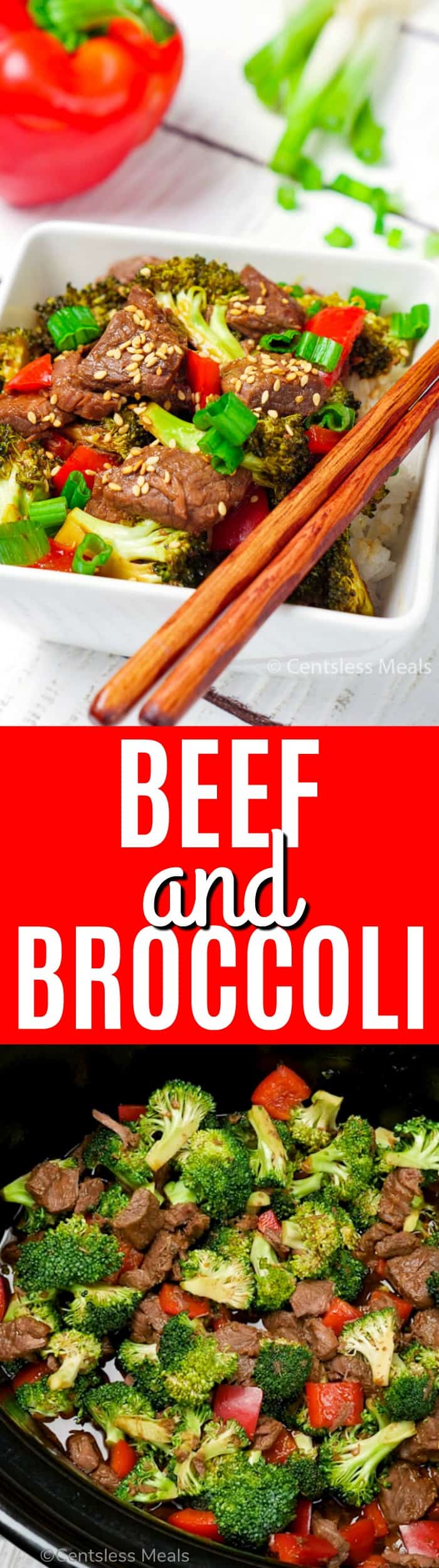 Beef and broccoli in a slow cooker and in a white bowl with a title