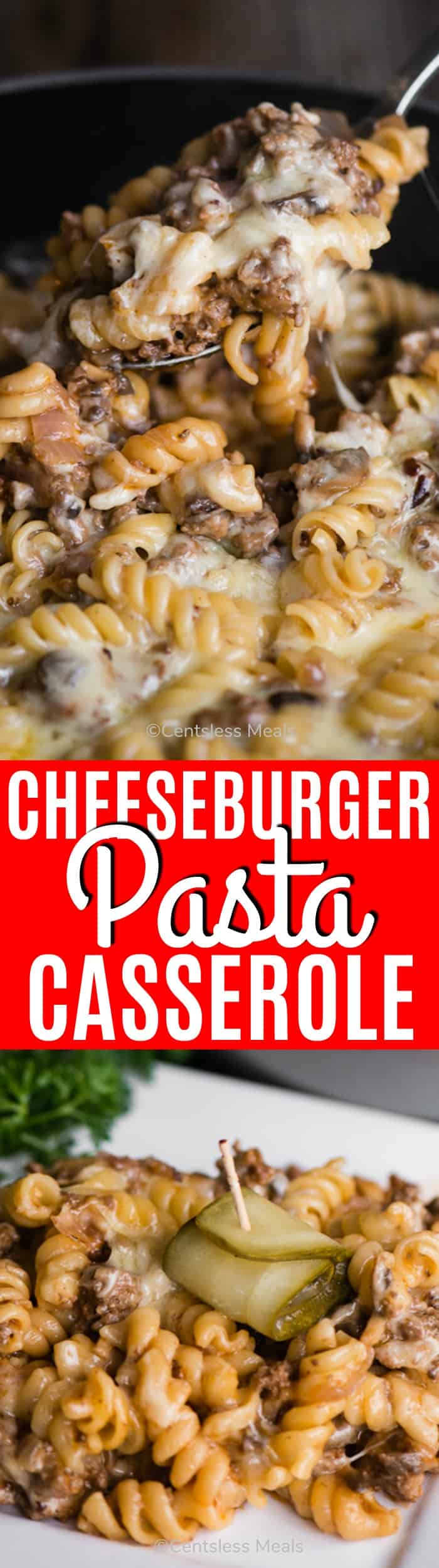 Cheeseburger pasta casserole on a plate and in a pan with a title