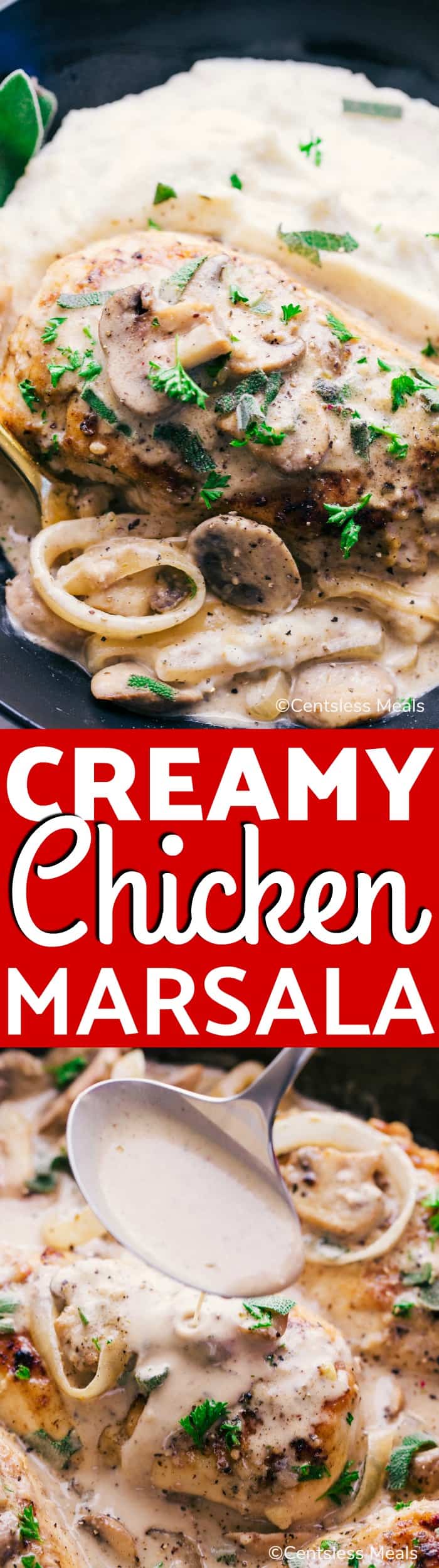 Creamy chicken marsala on a plate with a title