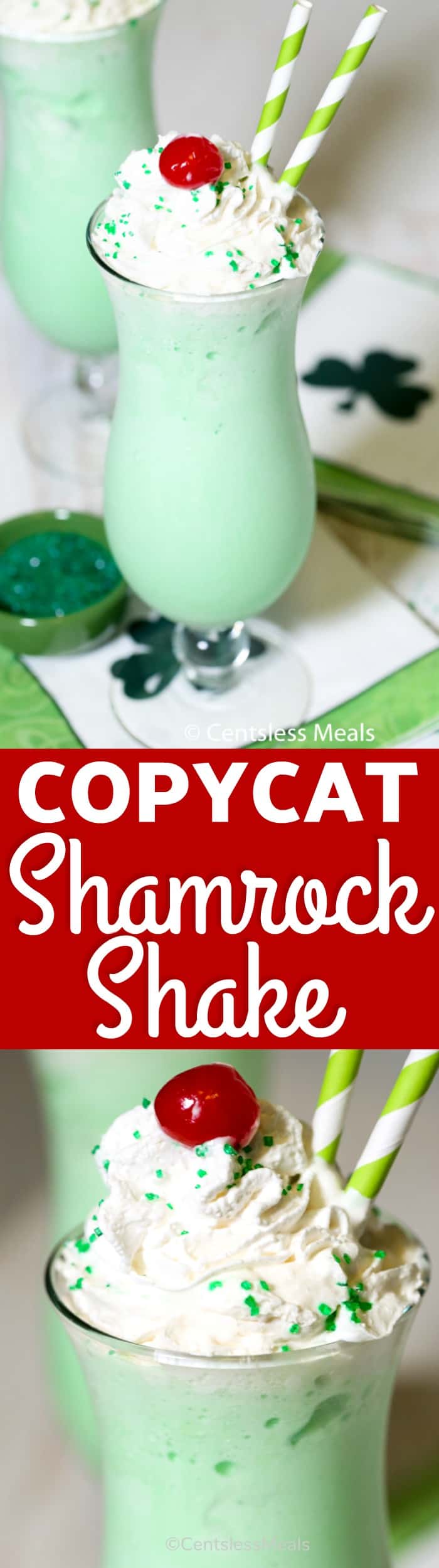 Shamrock Shake in a glass with a title