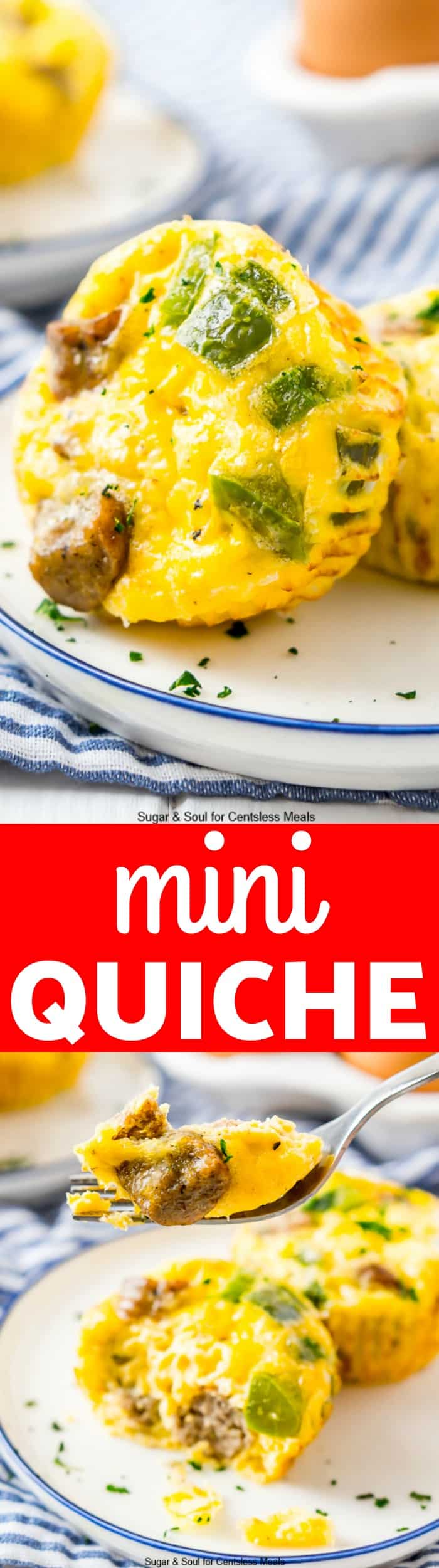 Mini quiche on a plate with a bite on a fork and a title