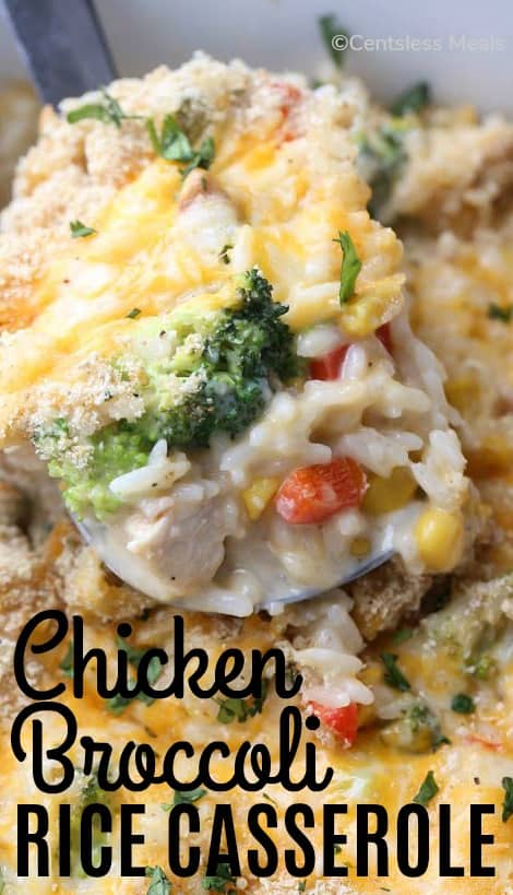 Chicken broccoli rice casserole with a title