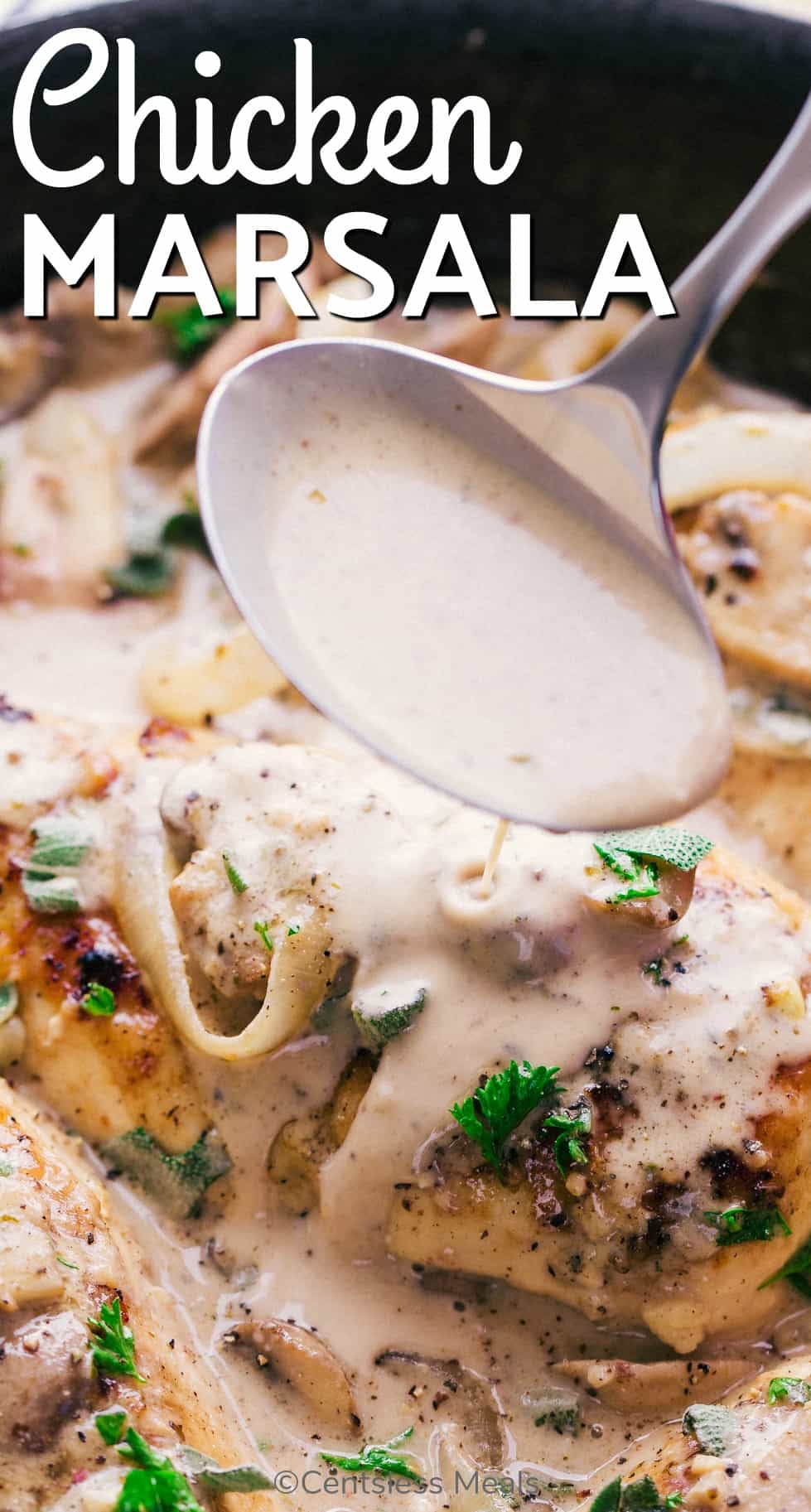 Creamy chicken marsala with sauce being poured on and a title