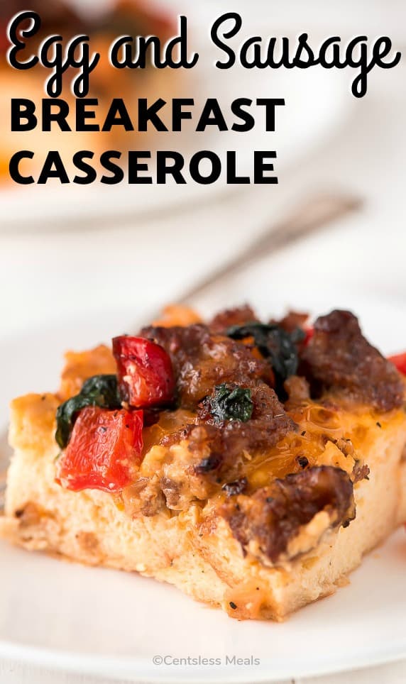 Egg and sausage breakfast casserole on a plate with a title