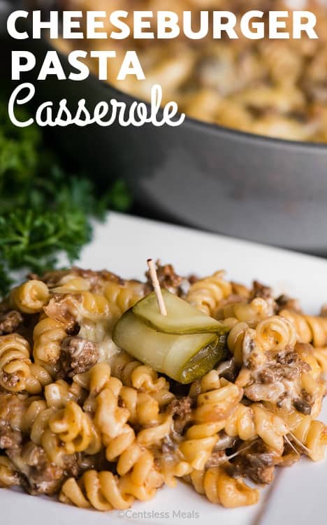 Cheeseburger pasta casserole on a white plate with a title