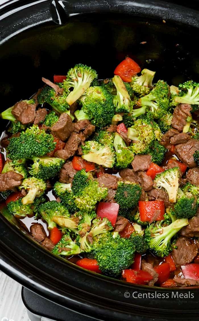 Slow cooker beef and broccoli in a slow cooker