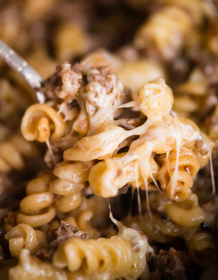 Cheeseburger pasta casserole with a spoon