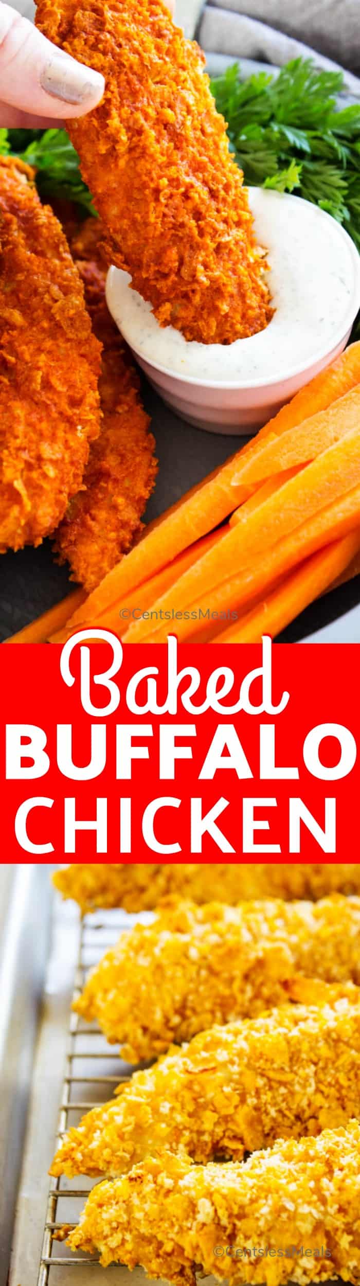 Baked buffalo chicken on a sheet pan and being dipped with a title