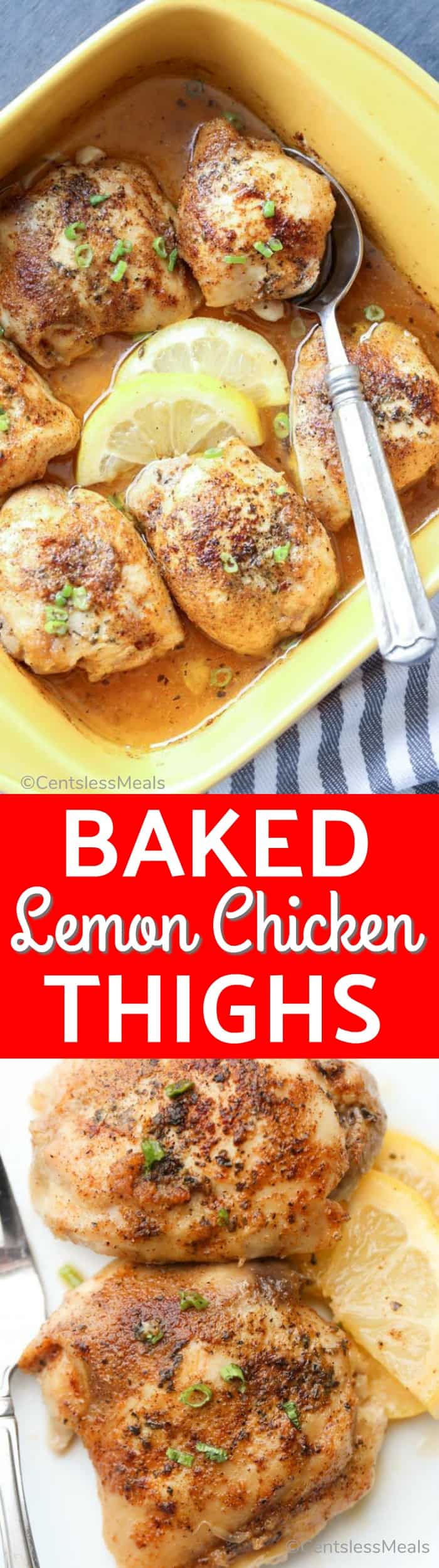 Baked lemon chicken thighs on a plate and in a dish with writing