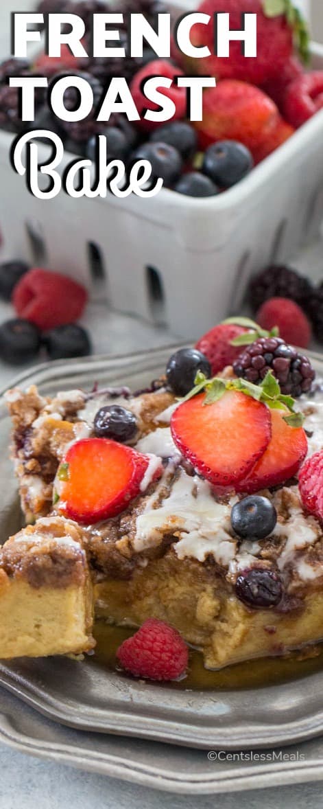 French Toast Bake on a plate with berries and a title