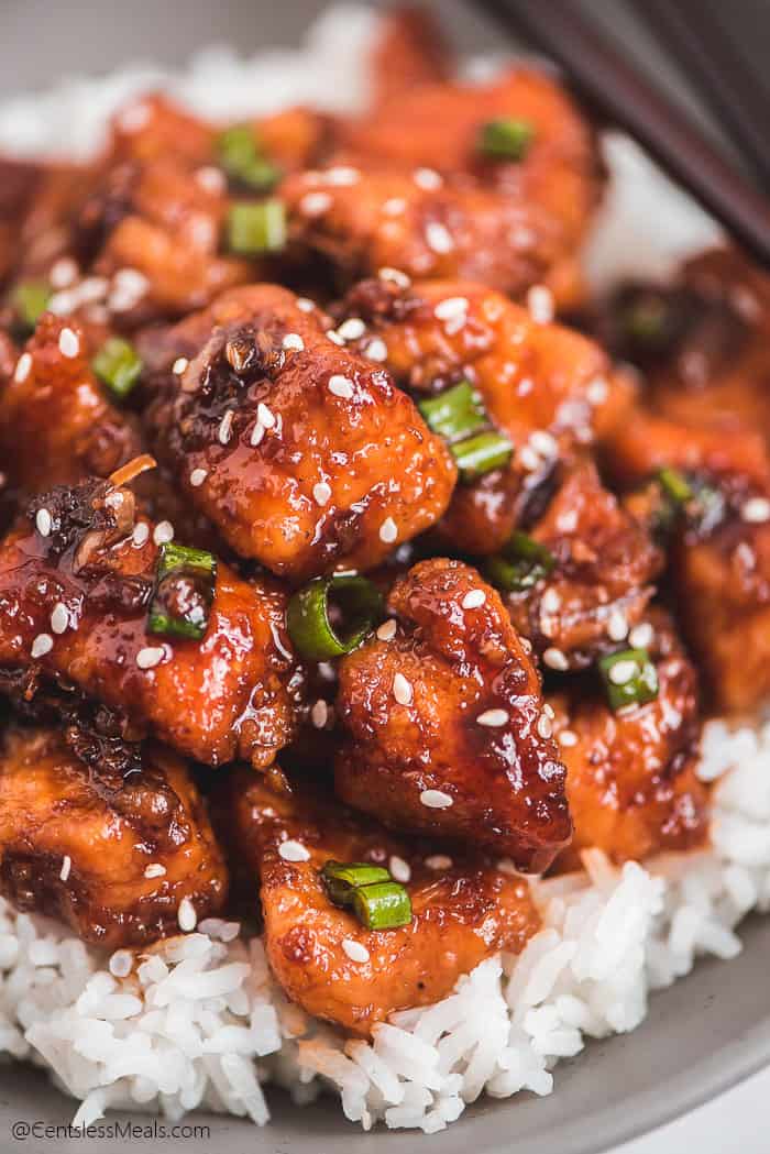 Instant pot honey garlic chicken on a bed of rice