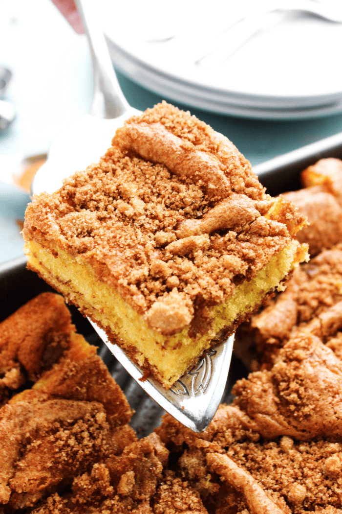 piece of Best ever coffee cake on a pie server being served from the pan