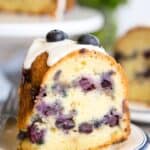 close up of a slice of blueberry coffee cake