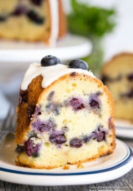 close up of a slice of blueberry coffee cake