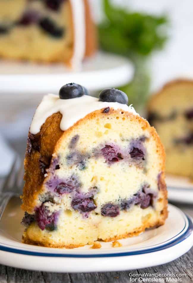 close up of a slice of blueberry coffee cake