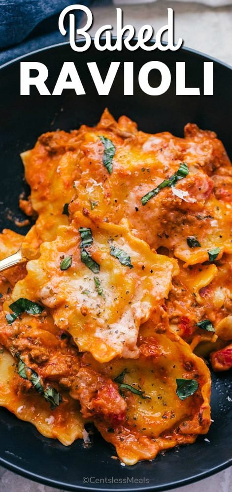 Baked ravioli in a bowl with a title