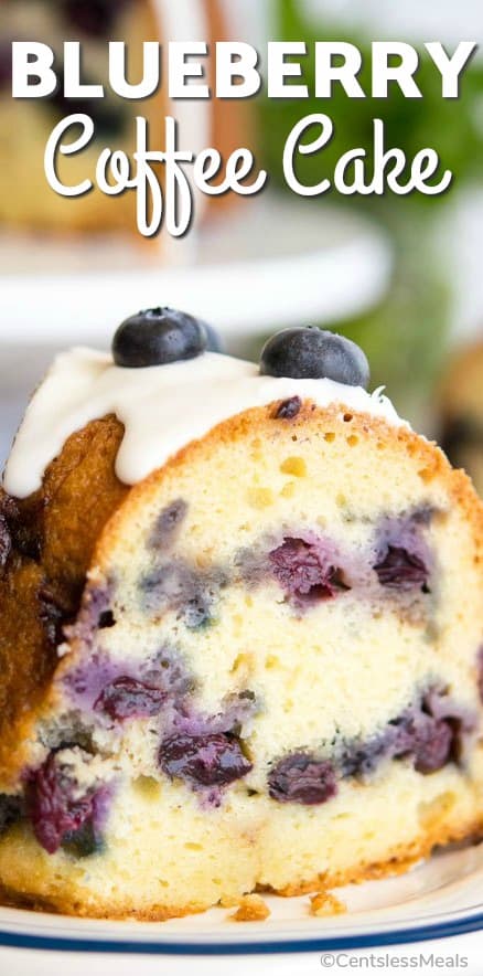 Blueberry coffee cake on a plate with a title
