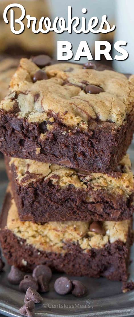 Stack of brookies bars with chocolate chips and a title