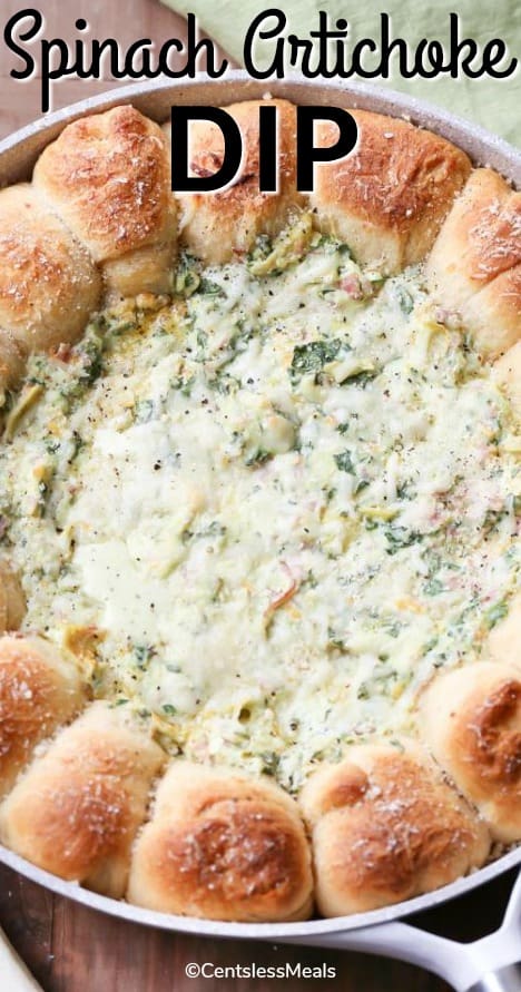 Spinach artichoke dip with bread and a title