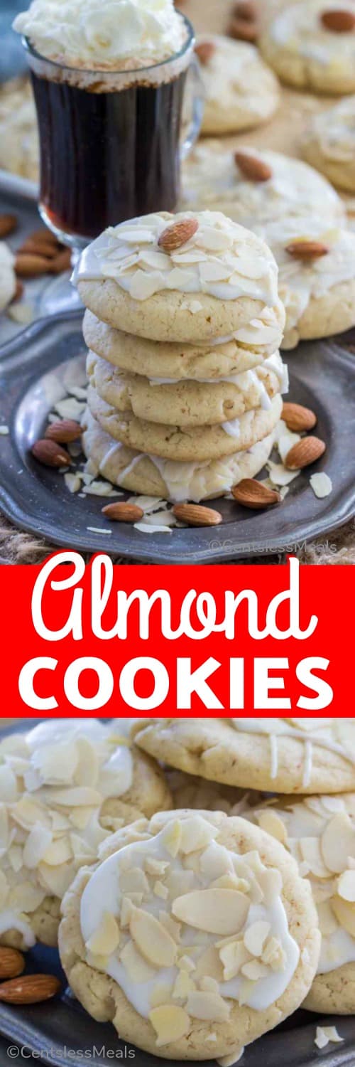 Almond cookies on a plate with a title