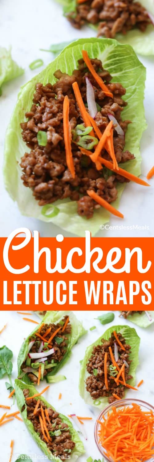 Chicken lettuce wraps on a marble board with a title