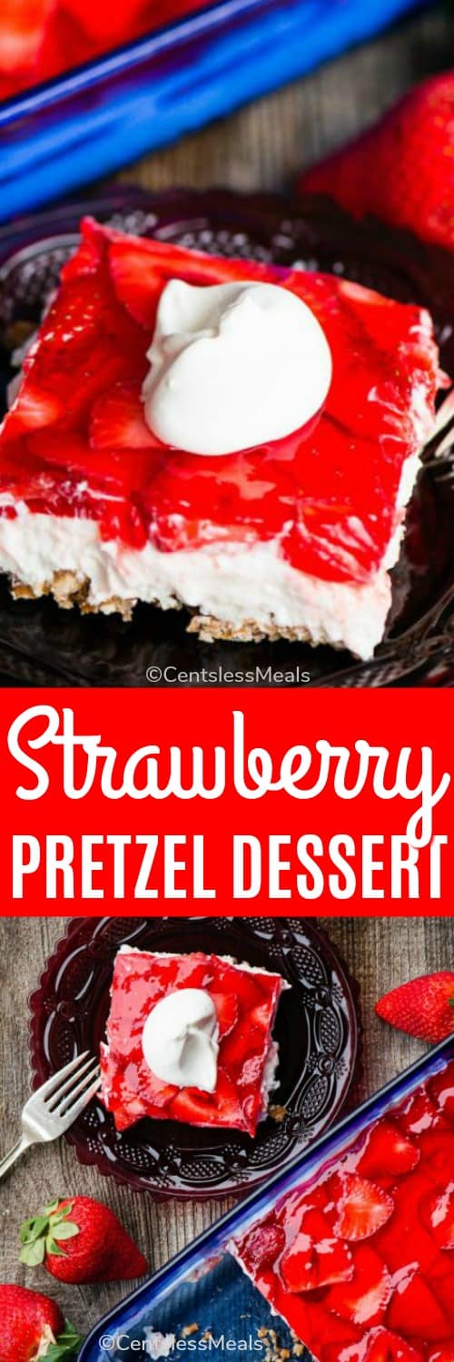 Strawberry pretzel dessert on a plate with a title