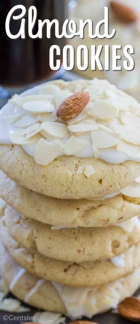 Buttery almond cookies in a stack with a title