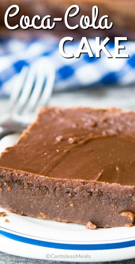 Coca-Cola cake on a plate with a title