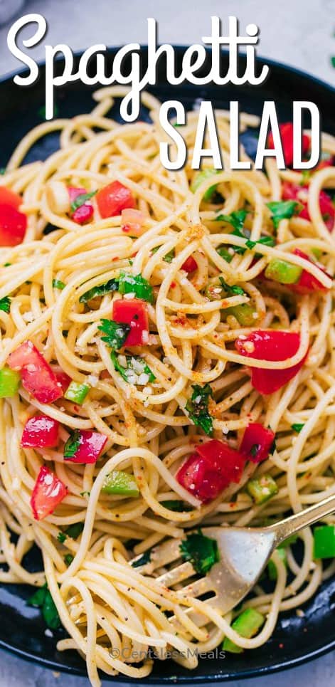 Spaghetti salad in a bowl with a title