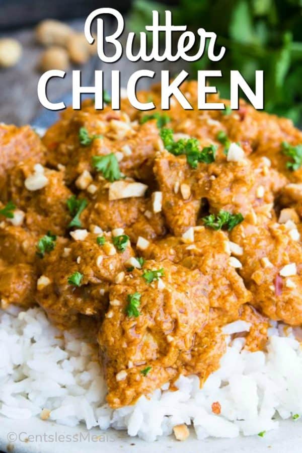 Butter chicken on rice with a title