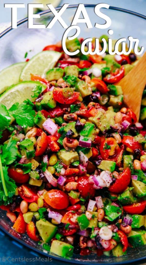 Texas caviar in a plate with a spoon and a title