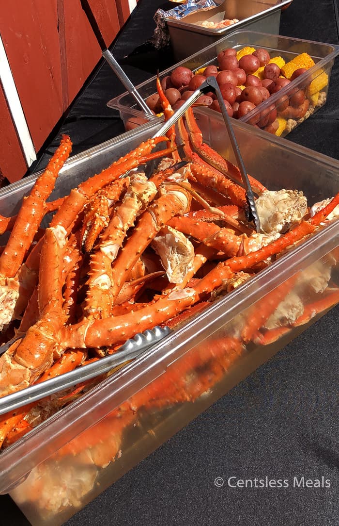 Crab legs in a big container