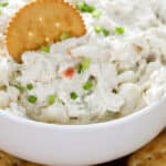 Crab dip in a white bowl garnished with green onions with a cracker