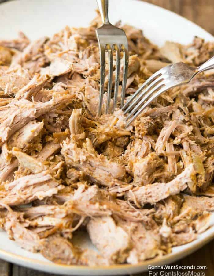 Crockpot Pulled Pork on an oval platter