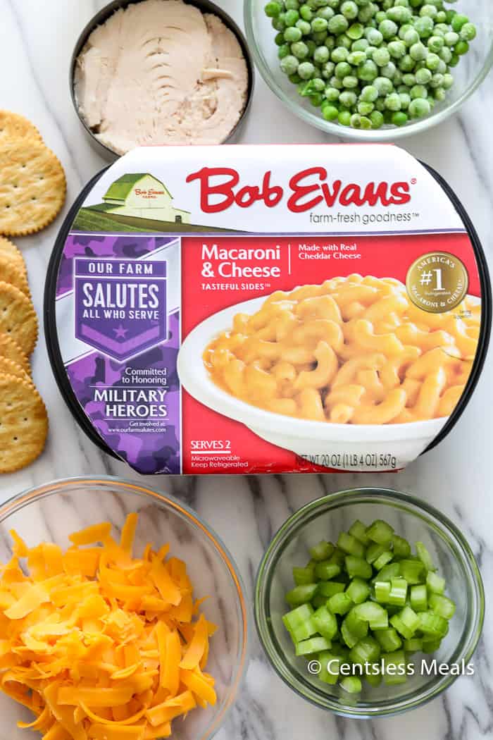 Bob Evans mac and cheese and other ingredients for tuna casserole on a marble board